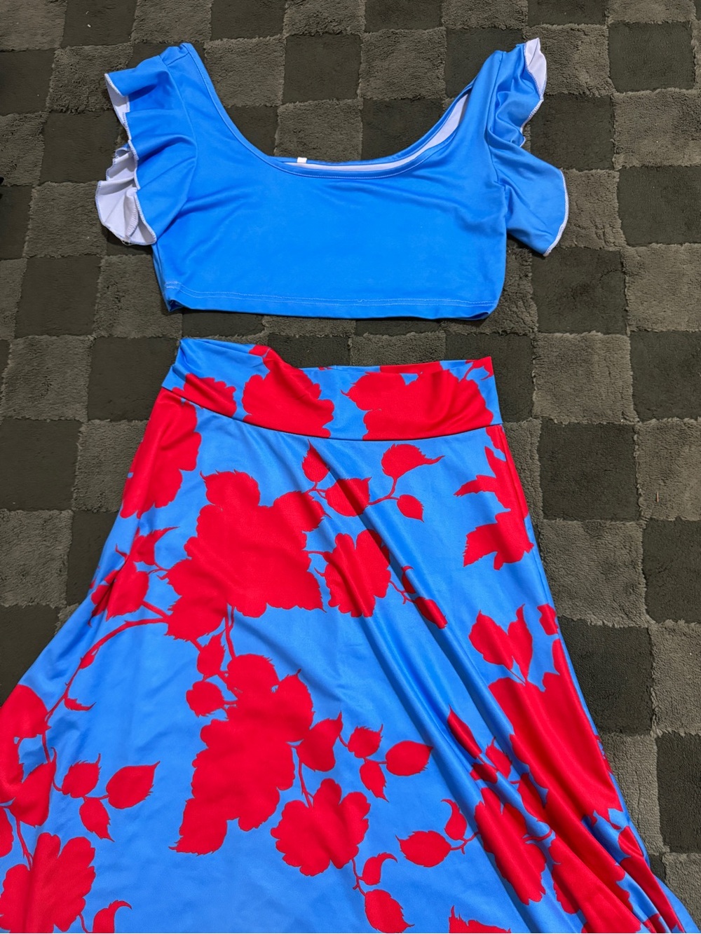 #81. 2 Piece SET Blue & Red Floral Maxi Skirt - Women's Skirt